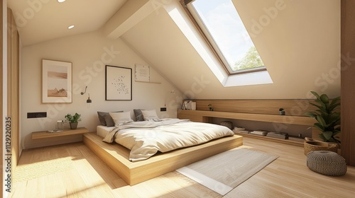 Minimalist attic bedroom with sloped ceilings and skylights