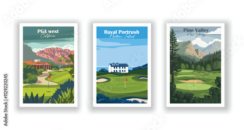 Golf Course. Vector modern illustration of PGA West golf courses, California, Royal Portrush Golf Club, Northern Ireland, Pine Valley Golf Club, New Jersey 