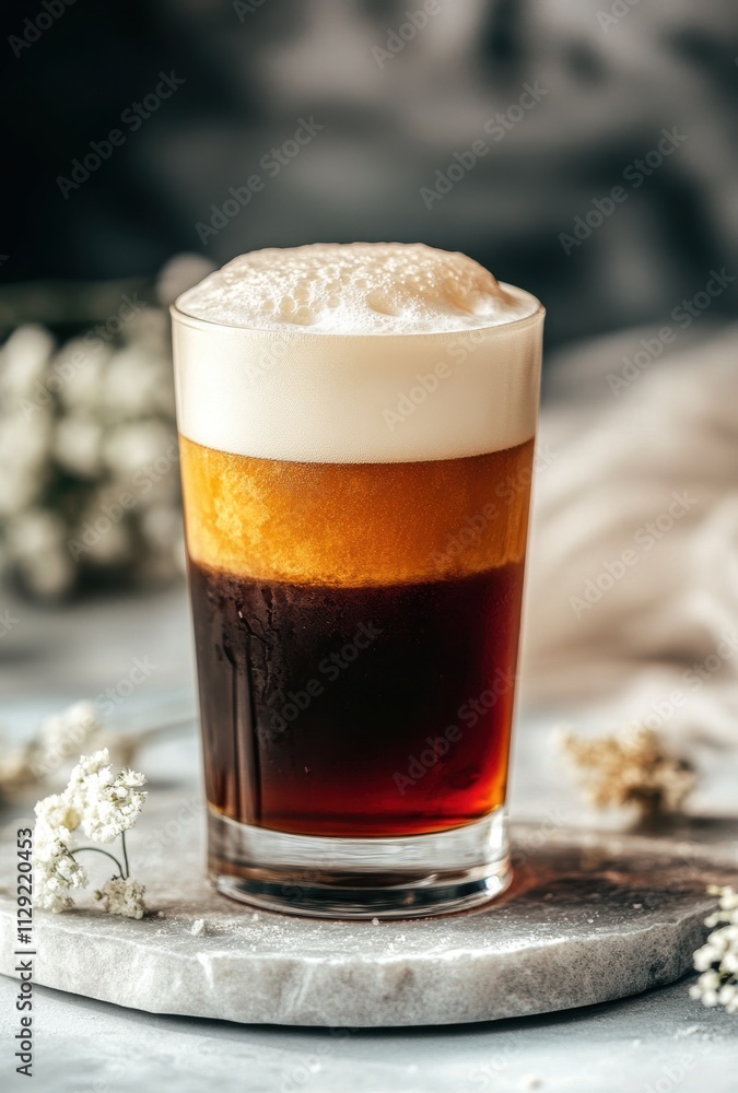 Refreshing Layers of Cold Brew Coffee and Creamy Foam Served in a Clear Glass with Floral Accents on a Stone Surface Refreshing Layers of Cold Brew Coffee and Creamy Foam Served in a Clear Glass with Floral Accents on a Stone Surface