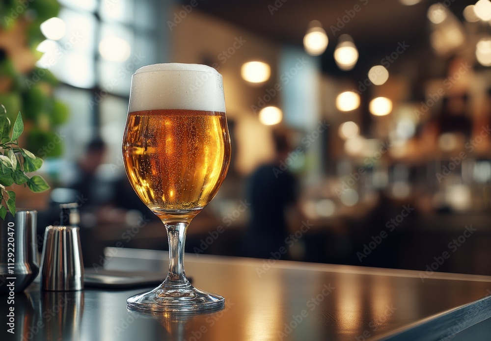 Refreshing Golden Lager Served in a Elegant Glass, Showcasing Foamy Head Against a Cozy Bar Setting with Ambient Lighting and Blurred Background Refreshing Golden Lager Served in a Elegant Glass, Showcasing Foamy Head Against a Cozy Bar Setting with Ambient Lighting and Blurred Background