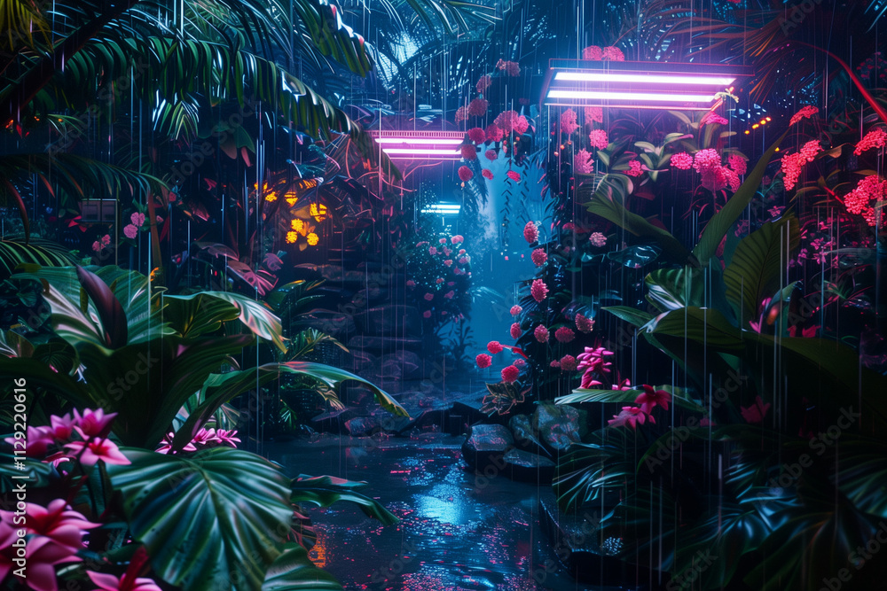 Neon hothouse or theme park at night with flowers, rain and electric lights. Neon hothouse or theme park at night with flowers, rain and electric lights.