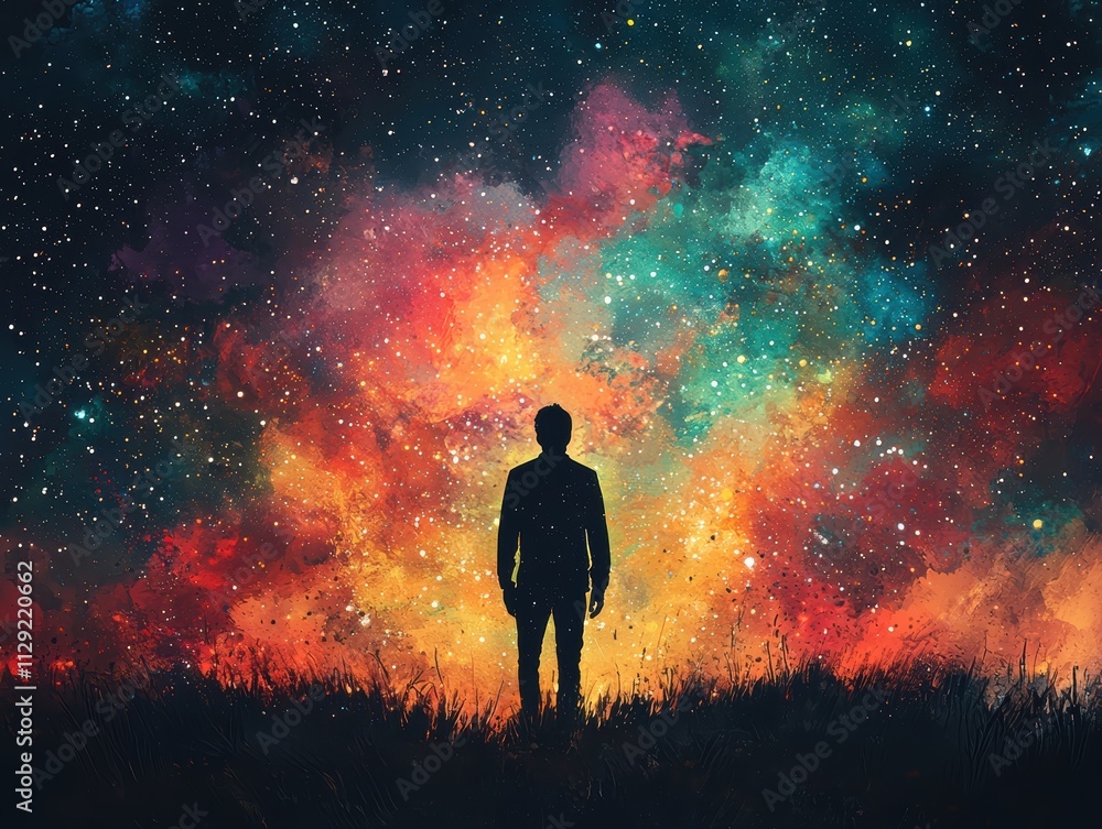 Fototapeta premium A man's silhouette against a cosmic explosion night sky digital art starry environment wide view exploration and wonder