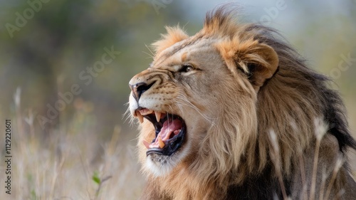 portrait of a lion animal theme in nature and sunset meaning leadership and power photo