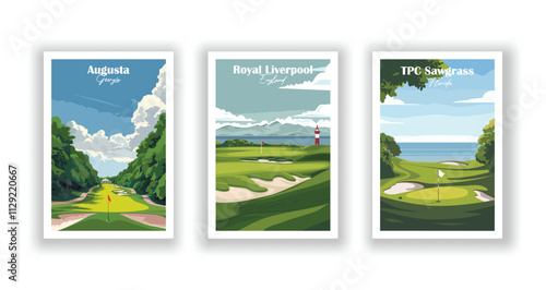 Golf Course Poster. Vector Illustration of TPC Sawgrass Golf Course, Florida, Augusta National Golf Club, Georgia, and Royal Liverpool Golf Club, Hoylake, England