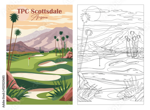 Golf Course Poster. Vector Illustration of TPC Scottsdale Golf Course for Poster, Flyer, Invitation, Ticket, or Background
