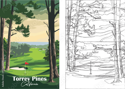 Golf Course Poster. Vector Illustration of Torrey Pines Golf Course, California with Club, Hole, and Landscape for Poster, Flyer, Invitation, Ticket, or Background