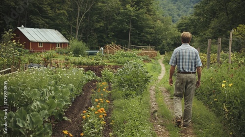 A Man Walks Through a Lush Green Garden Path towards a Red Barn nestled in a Forested Valley