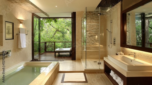 Wallpaper Mural Modern Bathroom with Clear Glass Shower and Nature View Torontodigital.ca