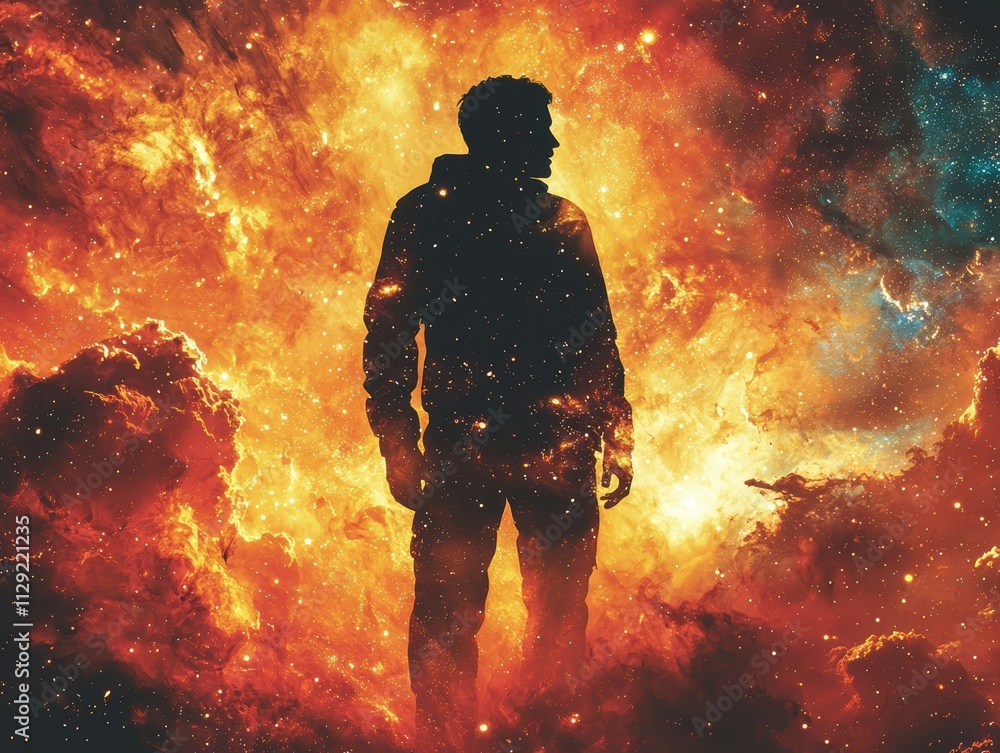 Silhouette of a man against cosmic flames unknown location digital art surreal environment artistic viewpoint exploration concept Silhouette of a man against cosmic flames unknown location digital art surreal environment artistic viewpoint exploration concept