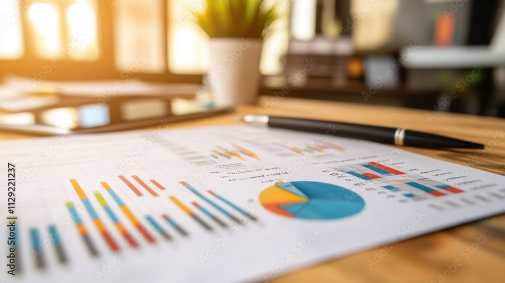Business Charts and Graphs on a Table in Modern Office Environment