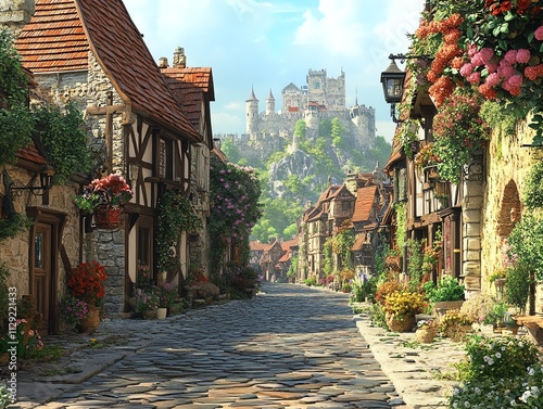 A picturesque medieval village street lined with flowers and a castle in the background.