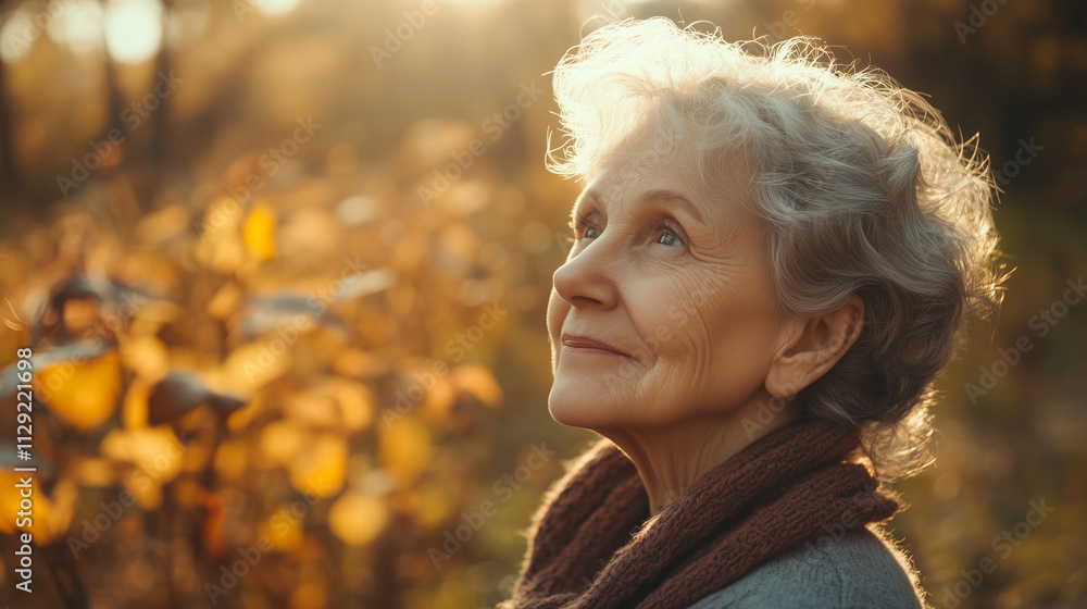 Smiling senior woman in autumn sunlight Smiling senior woman in autumn sunlight