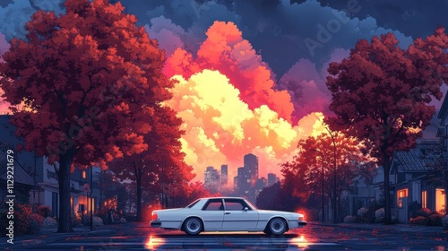 Whimsical Urban Car Drive with Colorful Clouds. Generative AI