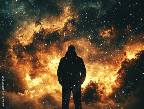 Mysterious silhouette of a man gazing into the cosmic explosion digital art outer space enigmatic perspective universe exploration