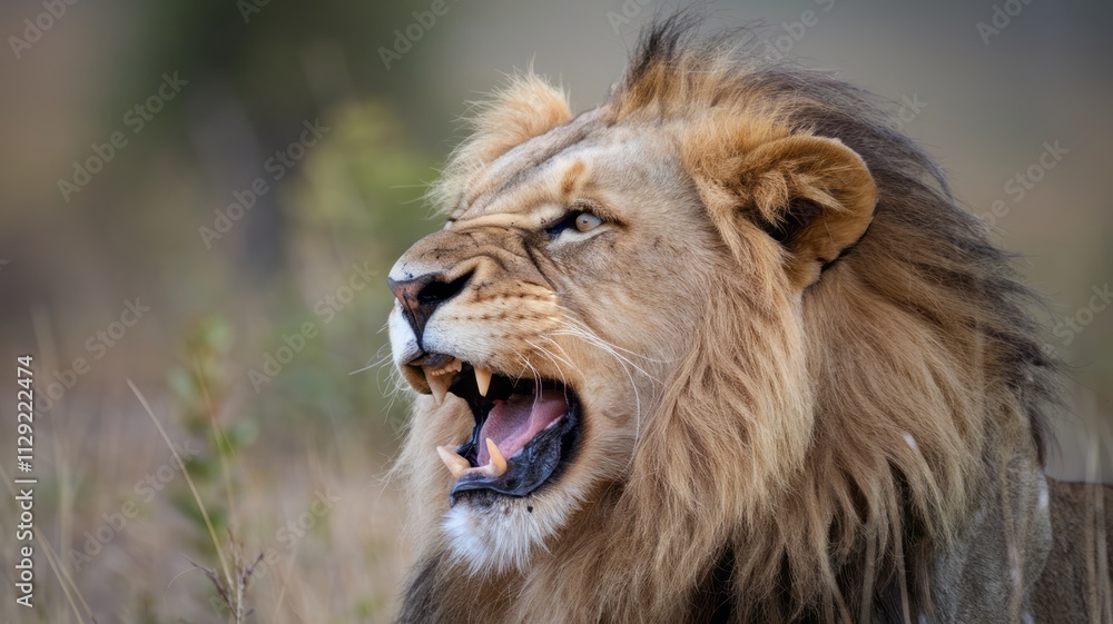 Fototapeta premium portrait of a lion animal theme in nature and sunset meaning leadership and power