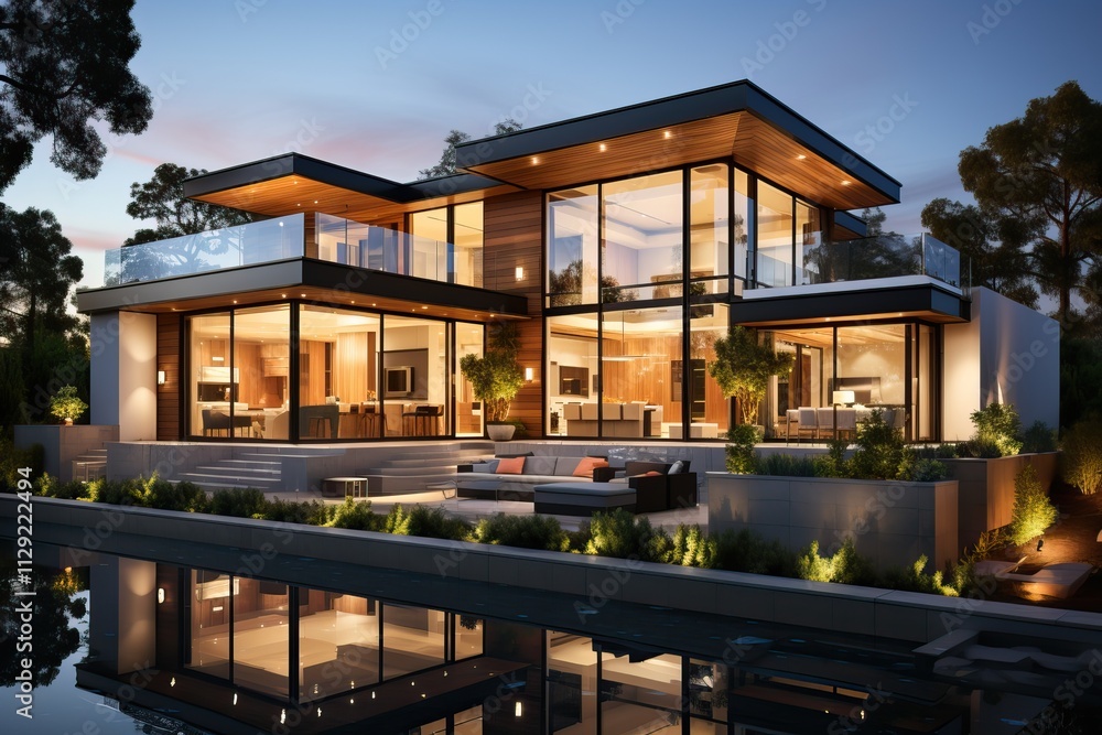 3D illustration of a newly built luxury home with glass walls and a swimming pool. 3D illustration of a newly built luxury home with glass walls and a swimming pool.