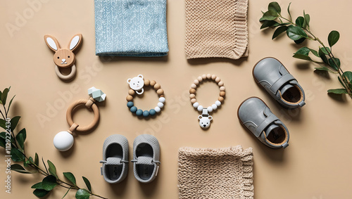 Baby clothing, shoes and accessories arranged on beige background photo