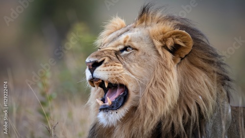 portrait of a lion animal theme in nature and sunset meaning leadership and power photo