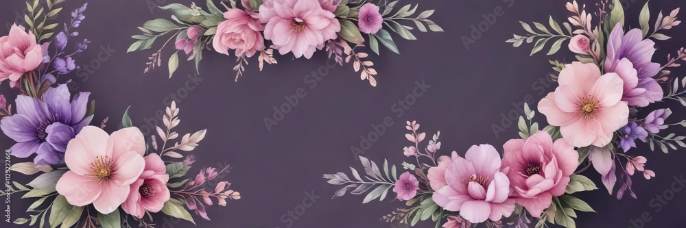 Fototapeta premium Delicate watercolor floral wreath with pink and purple blooms, nature, botanical, petals, feminine, frame