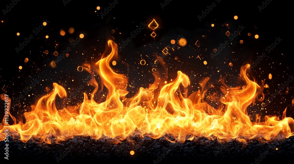 Fiery flames burning intensely on dark background. Fiery flames burning intensely on dark background.