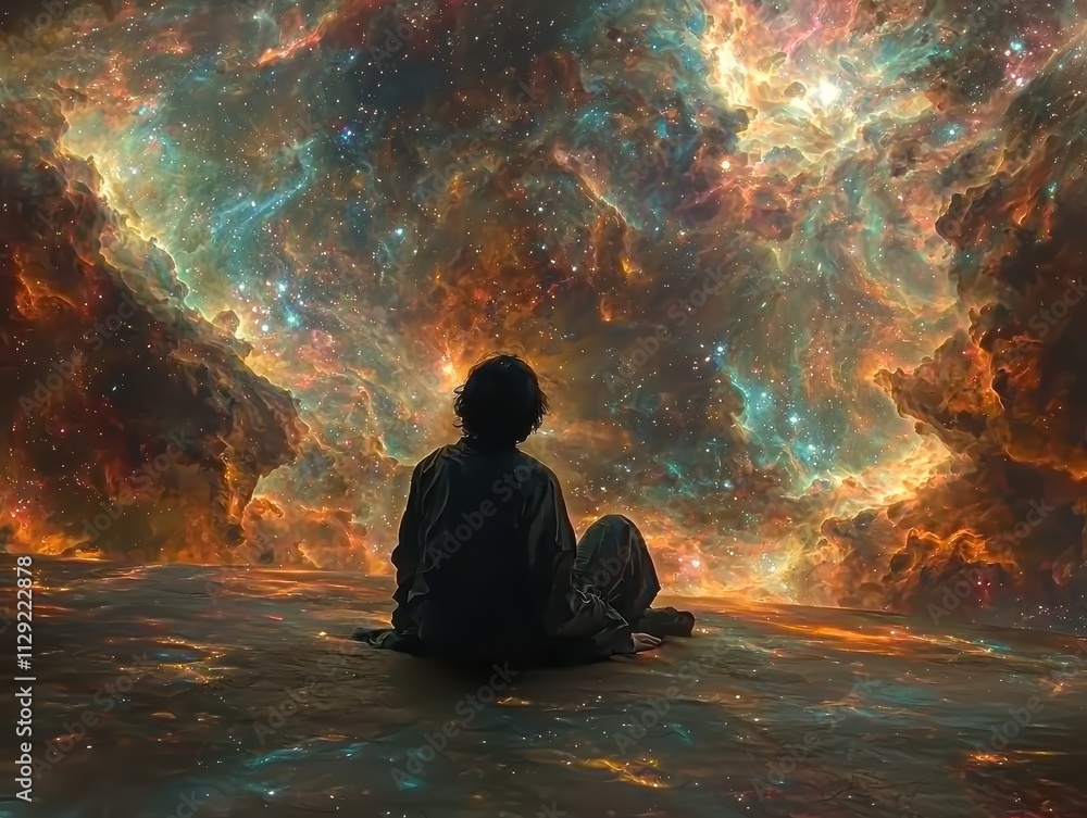 Man silhouette gazing at cosmic nebula digital art surreal environment inspirational viewpoint universe exploration concept Man silhouette gazing at cosmic nebula digital art surreal environment inspirational viewpoint universe exploration concept
