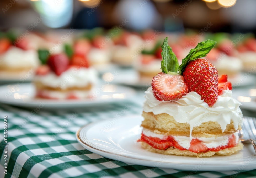 Strawberries and Cream Cake Stacked Delight with Fresh Mint on Top Set Against a Blurry Background of Dessert Table with Green Checkered Cloth Strawberries and Cream Cake Stacked Delight with Fresh Mint on Top Set Against a Blurry Background of Dessert Table with Green Checkered Cloth