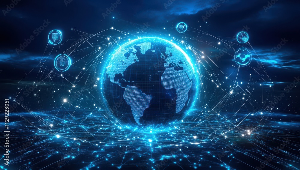 Fototapeta premium Stunning Digital Representation of Planet Earth with Bright Network Connections and Iconography Illustrating Technology and Global Communication at Night