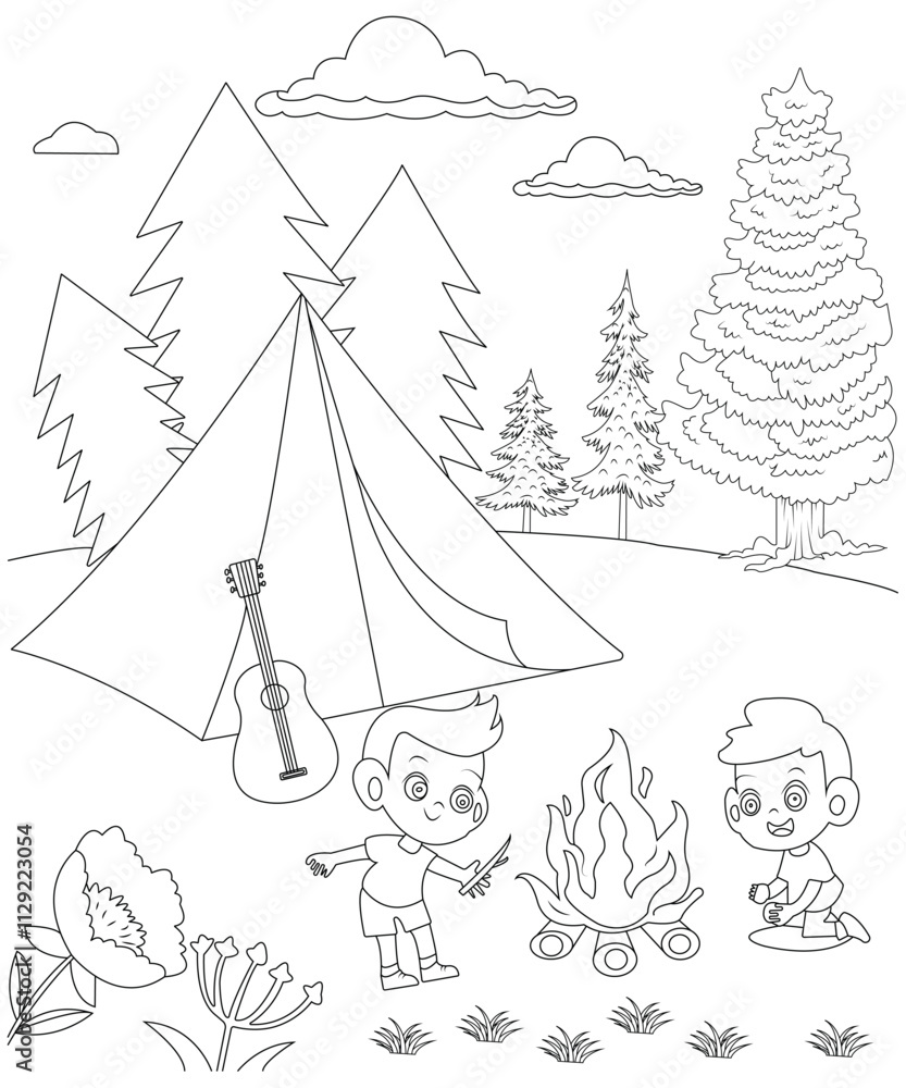 Fototapeta premium Camping coloring page for kids & adults. Unique Camping coloring book page for children. 