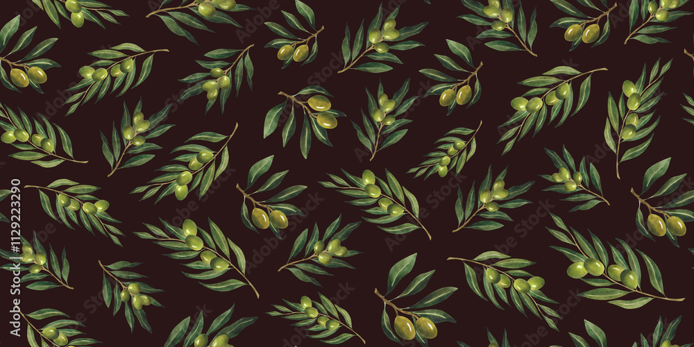 Watercolor seamless pattern with green olive branches on black background For olive oil wrapping paper design, wallpaper, floral print Botanical ornament Italian plant Natural Organic Watercolor seamless pattern with green olive branches on black background For olive oil wrapping paper design, wallpaper, floral print Botanical ornament Italian plant Natural Organic