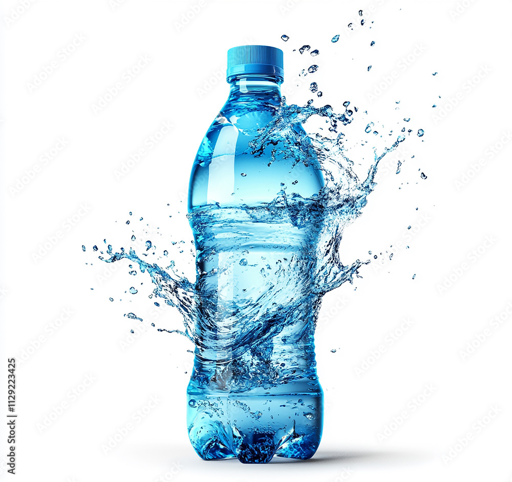 A large water bottle with blue liquid splashes, white background A large water bottle with blue liquid splashes, white background