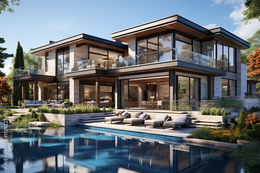 3D illustration of a newly built luxury home with glass walls and a swimming pool. 3D illustration of a newly built luxury home with glass walls and a swimming pool.