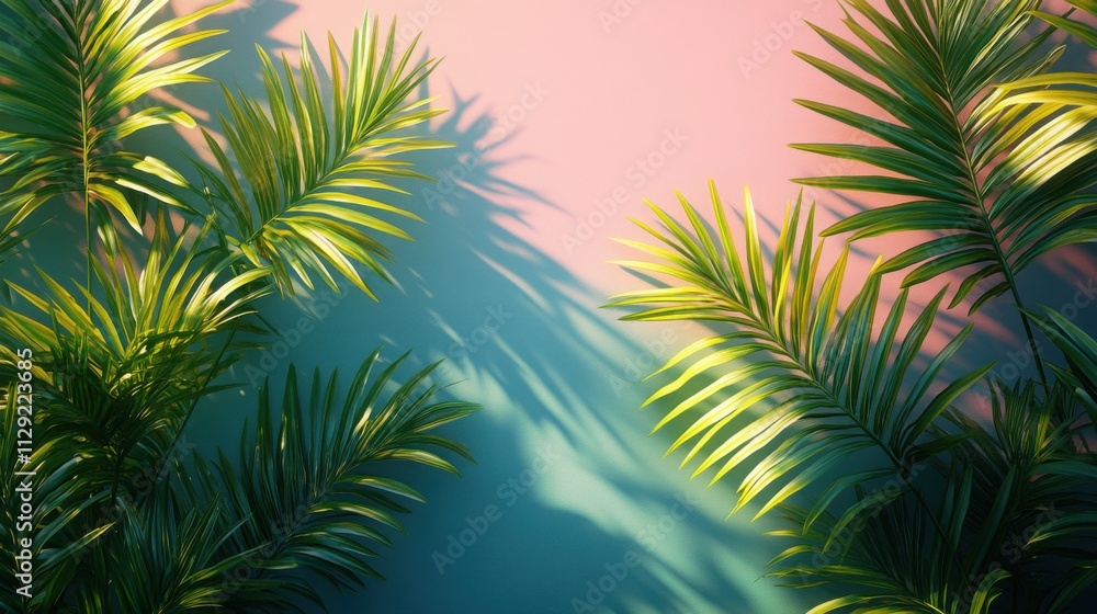 Muted tropical palm leaves casting shadows on a clean pastel surface for a tranquil and modern aesthetic. Muted tropical palm leaves casting shadows on a clean pastel surface for a tranquil and modern aesthetic.