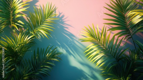 Muted tropical palm leaves casting shadows on a clean pastel surface for a tranquil and modern aesthetic.