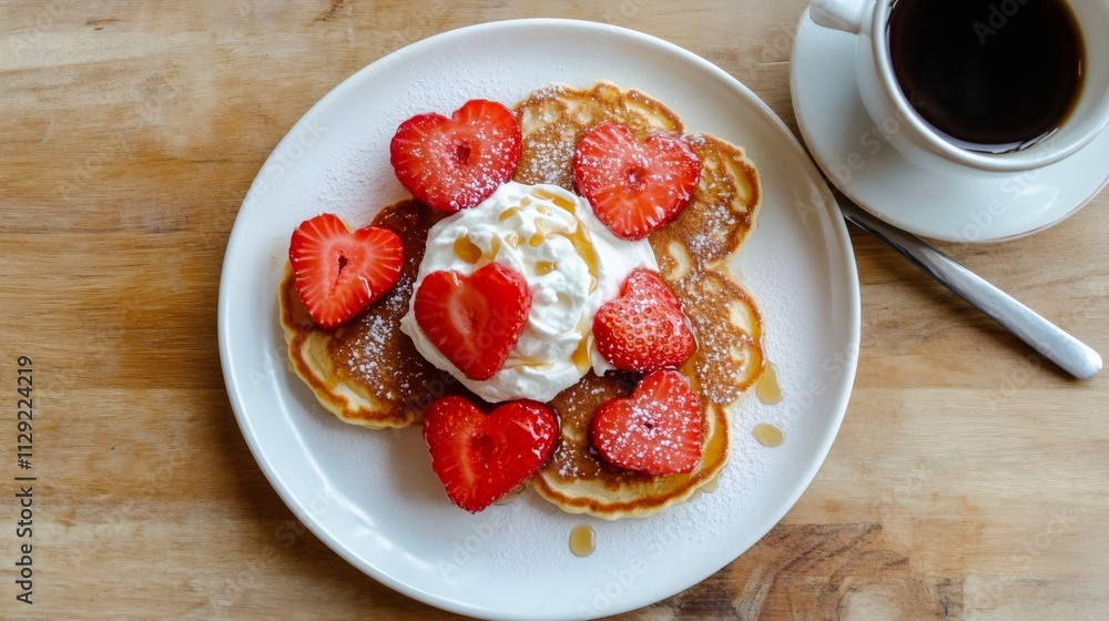 breakfast delight, heart-shaped pancakes drizzled with syrup, topped with strawberries and whipped cream, paired with hot coffee on a cozy morning breakfast delight, heart-shaped pancakes drizzled with syrup, topped with strawberries and whipped cream, paired with hot coffee on a cozy morning