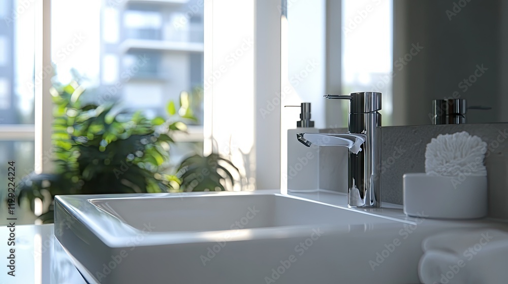 Sleek Bathroom Sink with Natural Light and Greenery Sleek Bathroom Sink with Natural Light and Greenery