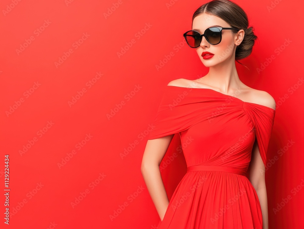 A stylish woman in a red dress strikes a pose against a bold red background, exuding confidence and elegance.