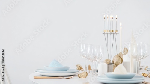 Elegant Hanukkah Table with Silver Menorah photo