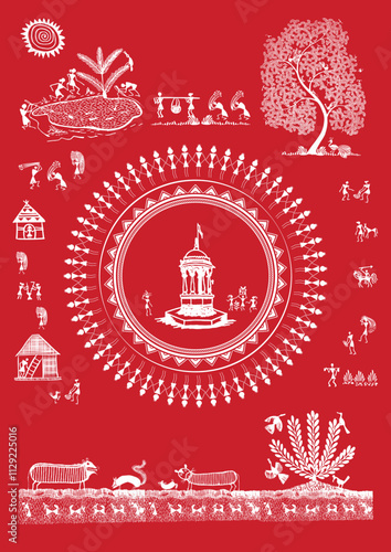 A Visual Symphony: A Warli Celebration of Rural Life. Warli art rural life, Warli village scene, Indian folk art rural, Warli countryside painting.