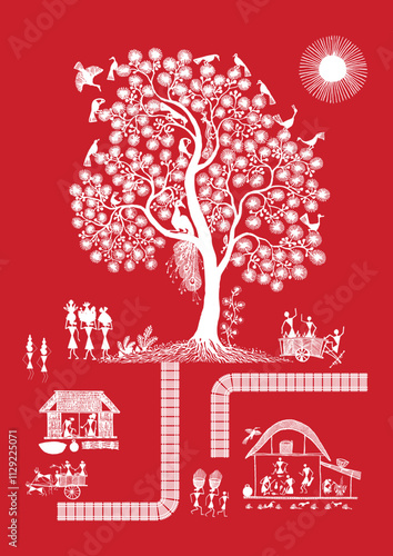 A Visual Symphony: A Warli Celebration of Rural Life. Warli art rural life, Warli village scene, Indian folk art rural, Warli countryside painting.