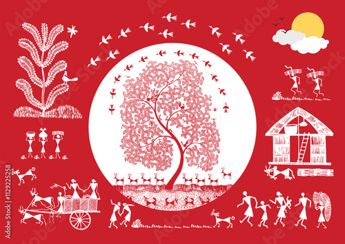 A Visual Symphony: A Warli Celebration of Rural Life. Warli art rural life, Warli village scene, Indian folk art rural, Warli countryside painting.