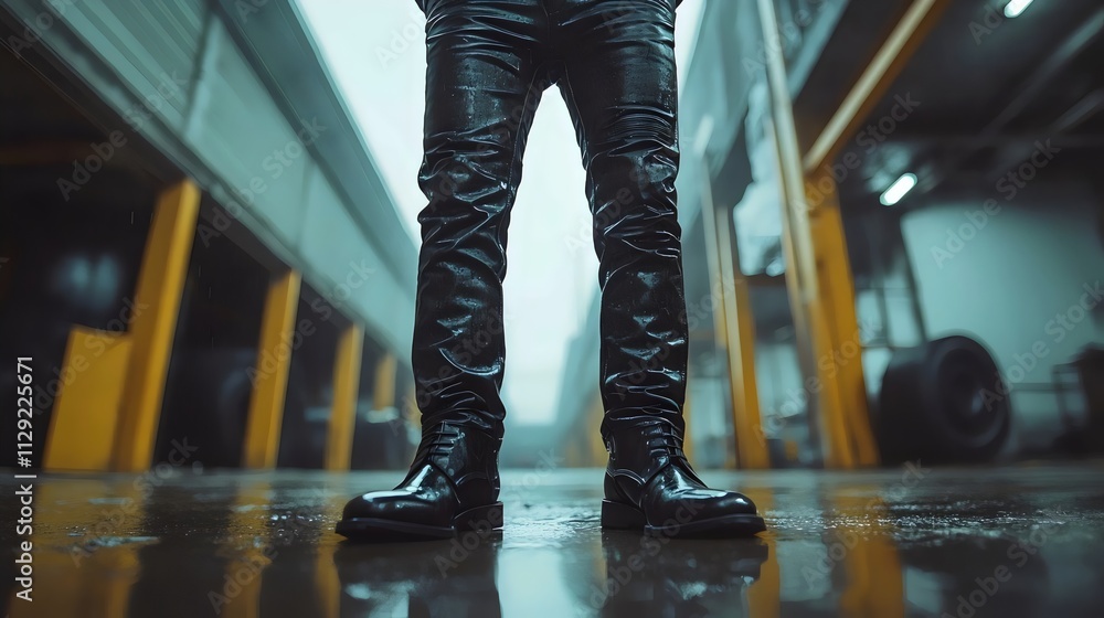 A man in black pants and shoes stands in a wet parking lot A man in black pants and shoes stands in a wet parking lot