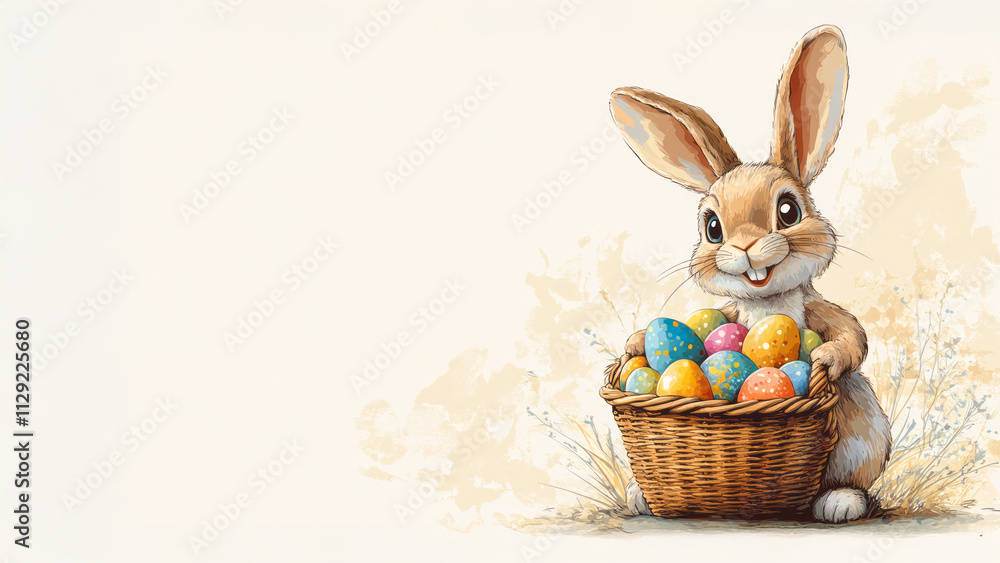 A cheerful Easter bunny sits happily, holding a woven basket filled with vibrant, decorated eggs, embodying the spirit of the Easter holidays in springtime A cheerful Easter bunny sits happily, holding a woven basket filled with vibrant, decorated eggs, embodying the spirit of the Easter holidays in springtime