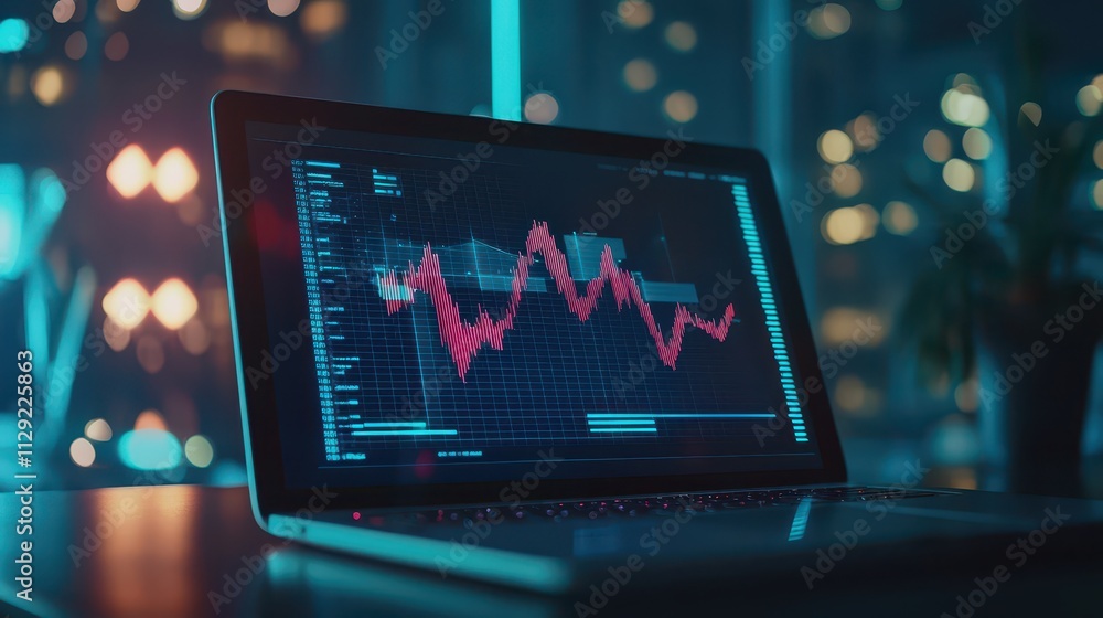 A laptop displaying a colorful data visualization with a fluctuating graph, set against a city night backdrop with blurred lights.