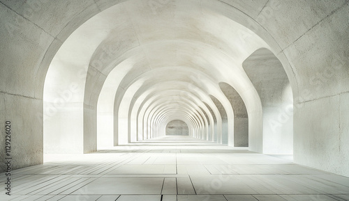 A long, concrete tunnel with symmetrical shapes and curves
