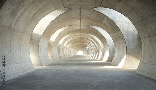 A long, concrete tunnel with symmetrical shapes and curves