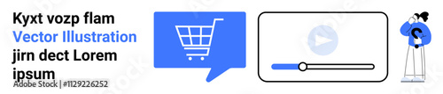 Shopping cart icon, video playback control, character holding magnifying glass. Ideal for online shopping, e-commerce, digital media, video content, user experience, app interfaces, landing page