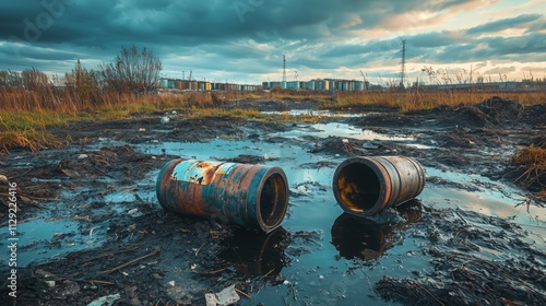 Environmental Disaster: Rusty Barrels in Polluted Wetland Reflecting Gloomy Sky