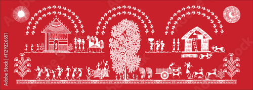Lines of Life: A Warli Tapestry of Rural Existence. Warli art rural life, Warli village scene, Indian folk art rural, Warli countryside painting.
