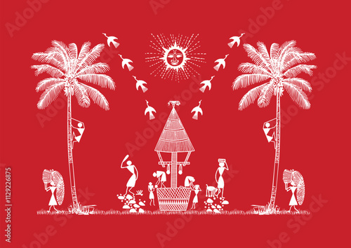 Lines of Life: A Warli Tapestry of Rural Existence. Warli art rural life, Warli village scene, Indian folk art rural, Warli countryside painting.