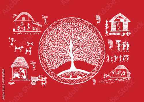 Lines of Life: A Warli Tapestry of Rural Existence. Warli art rural life, Warli village scene, Indian folk art rural, Warli countryside painting.